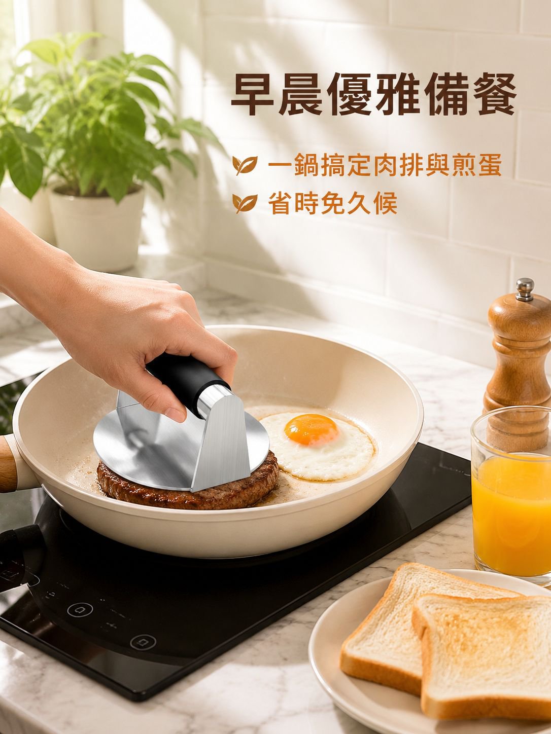 不銹鋼圓形漢堡壓肉器手動矽膠柄壓餅器