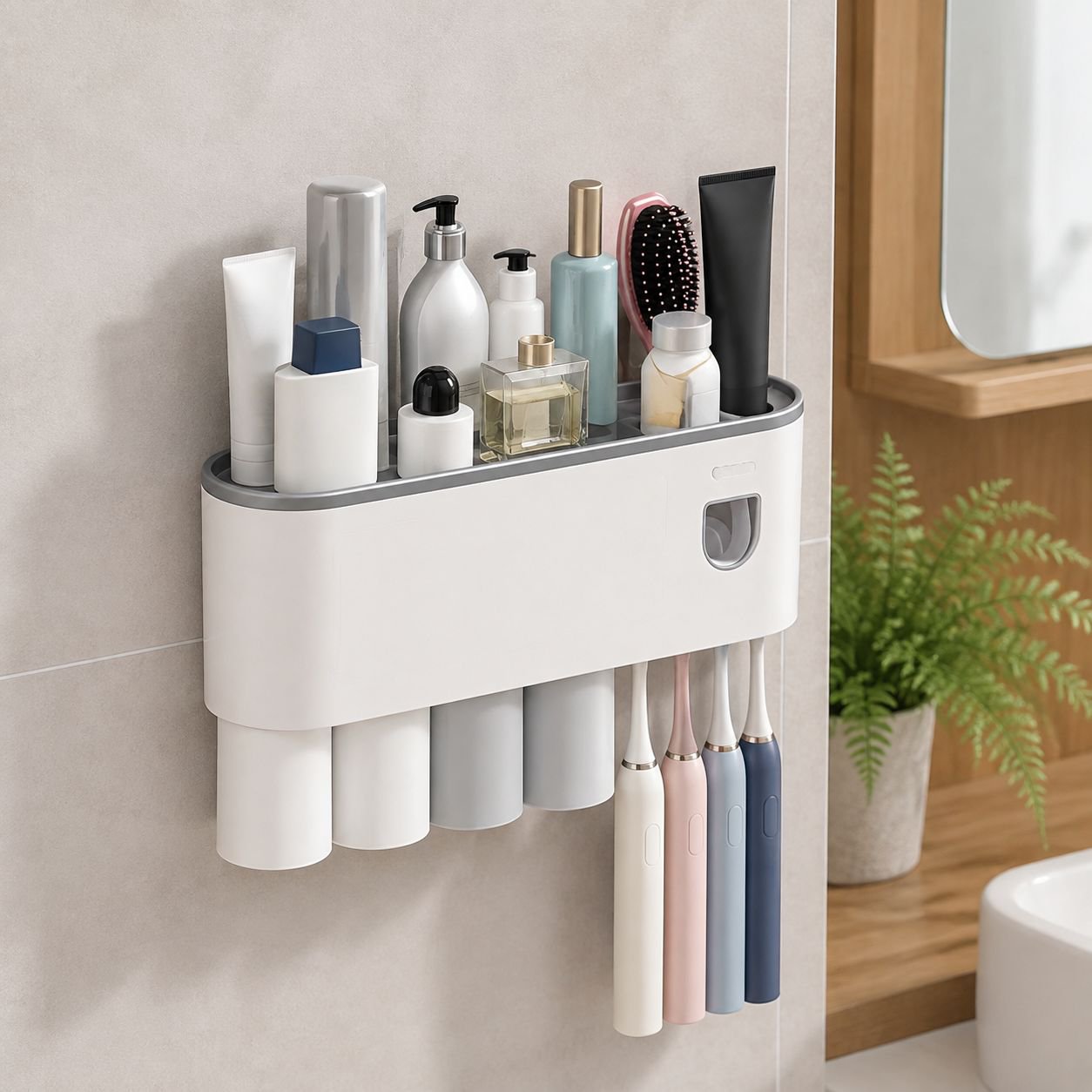 Bathroom sink organizer with mounted toothpaste squeezer
