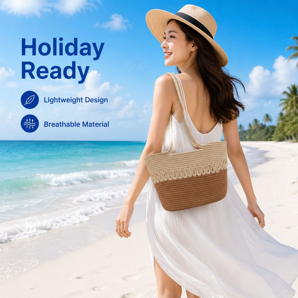 New Cotton Thread Woven Beach Bag, Large Capacity Handbag for Women