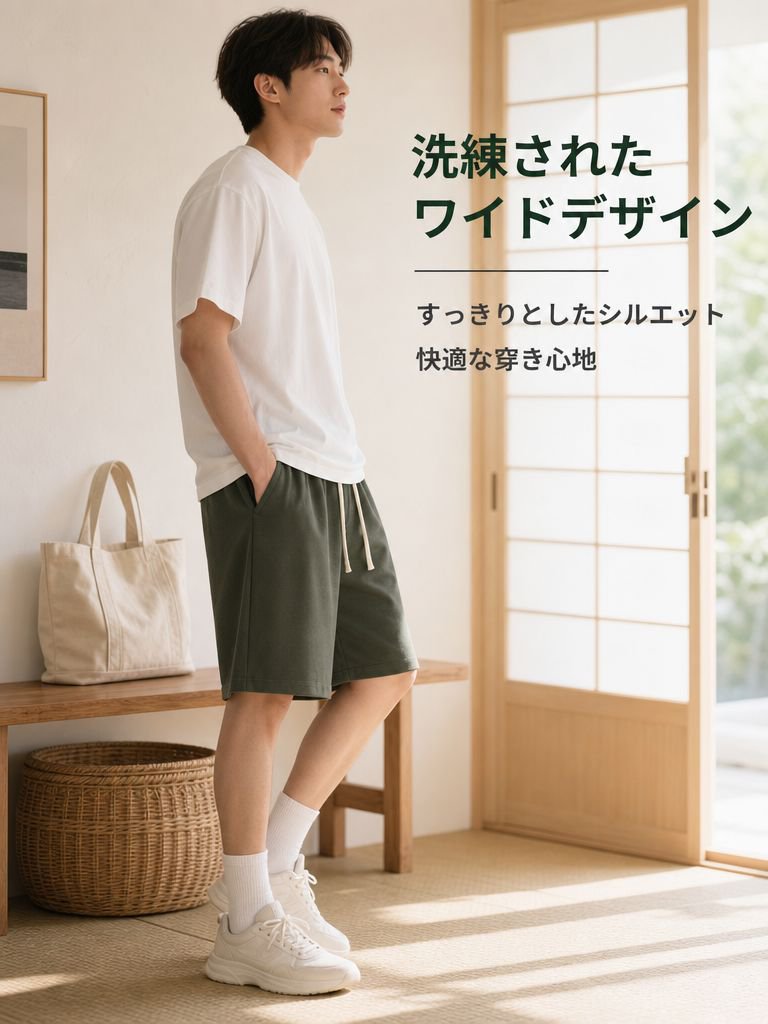 ソフトコットン風ウエストドローストリングワイドレッグカジュアルショートパンツ