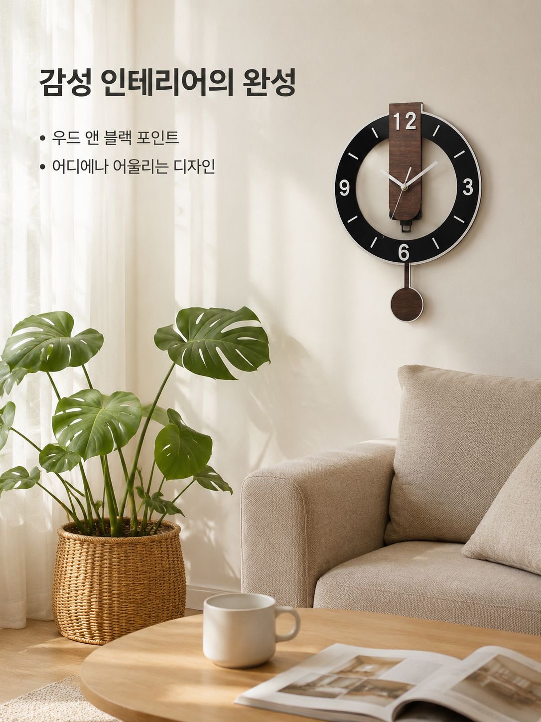 침실용 나무결 장식 벽시계