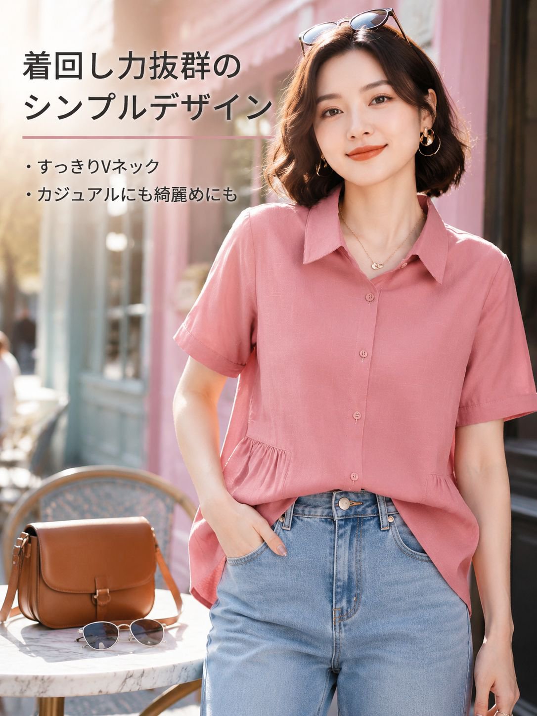 ゆったりシルエットのプラスサイズレディース半袖シャツ 夏用