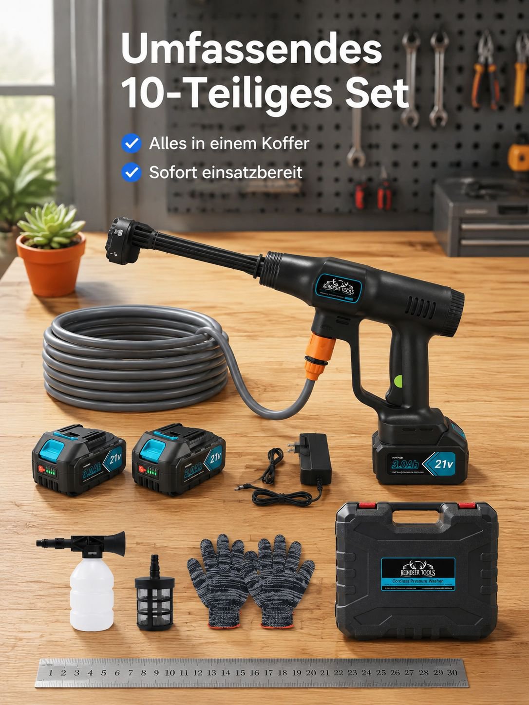 Schwarze bürstenlose Hochdruck-Wasserpistole 10 Stück, 2 Batterien, 1 Ladegerät, Handschuhe
