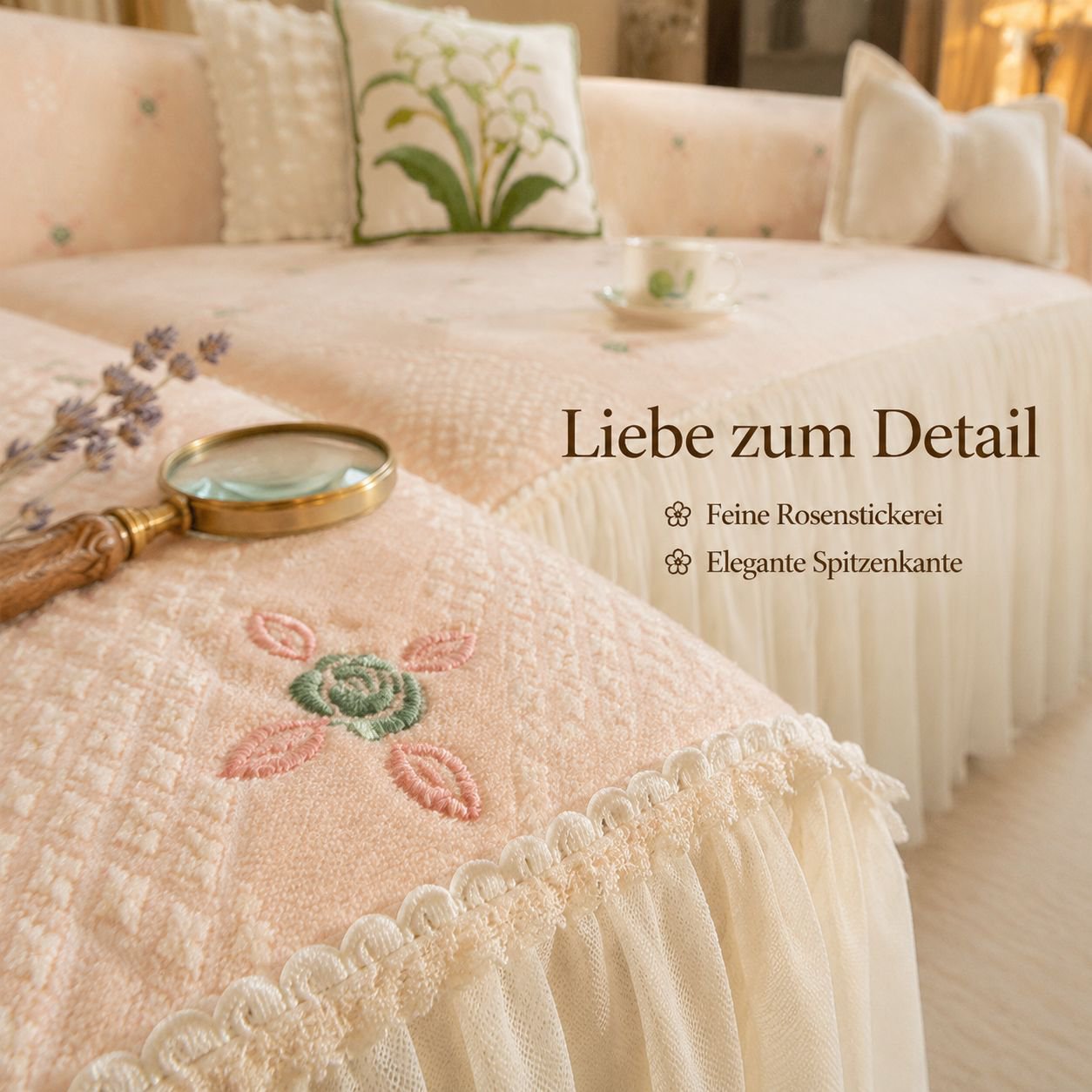 Vollständige Sofahusse mit Spitzenrüschen, Chenille-Stoff im Cream-Stil