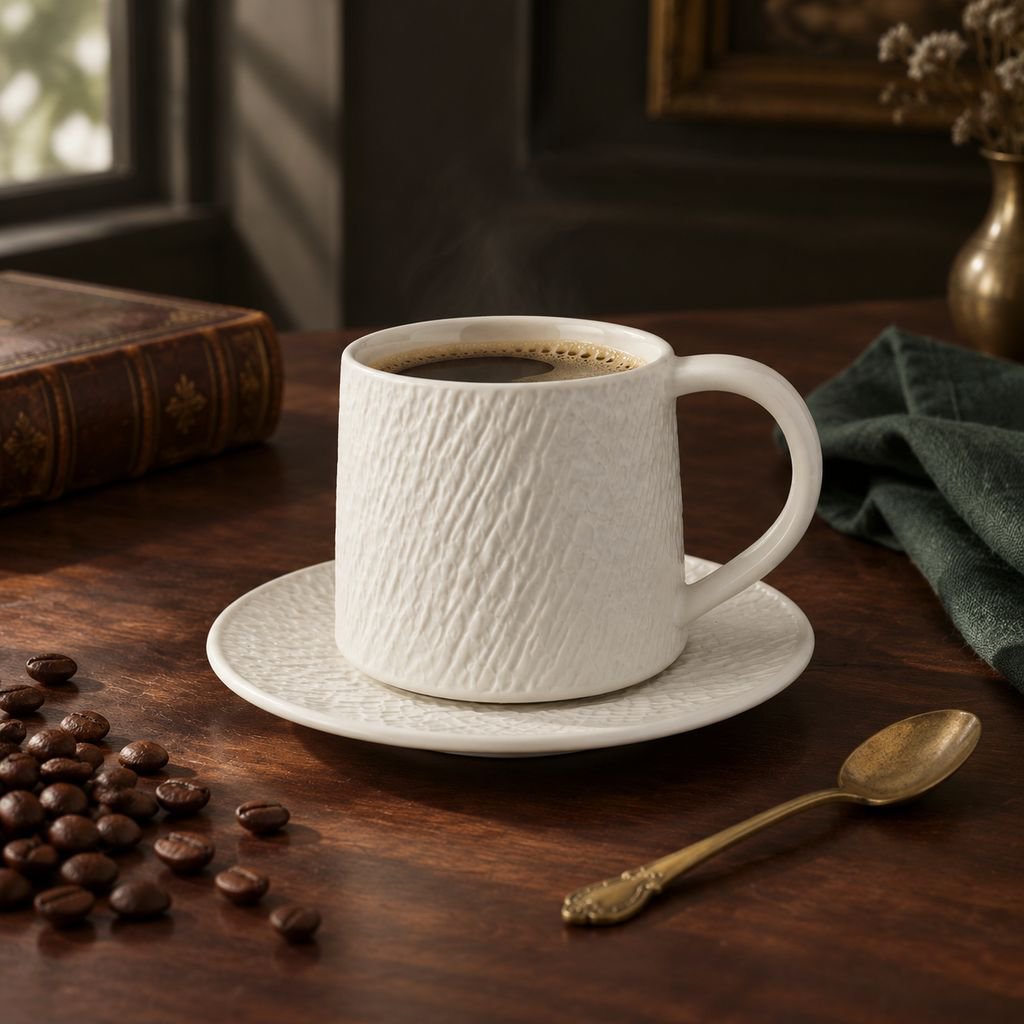 Premium vintage-style stoneware coffee cup and saucer set