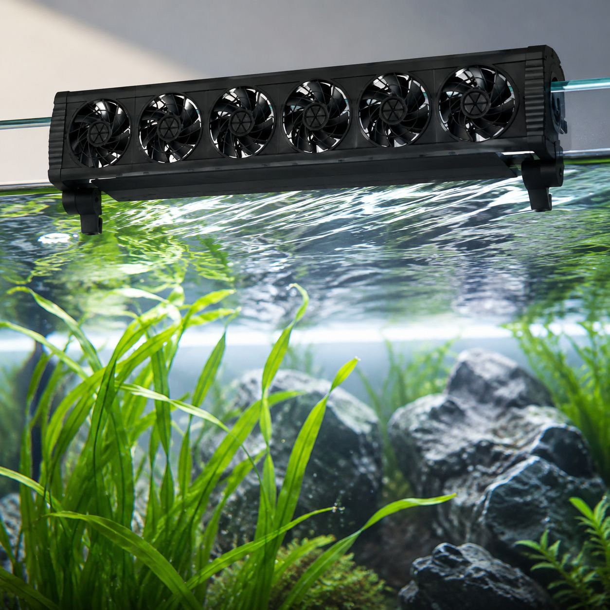 Silent cooling fan installed on a fish tank
