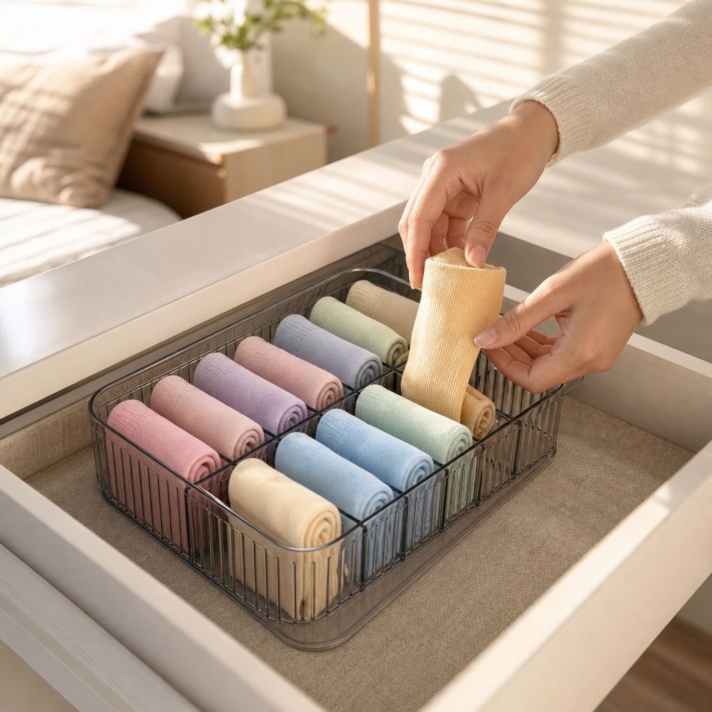 Close-up of underwear and socks neatly organized in box