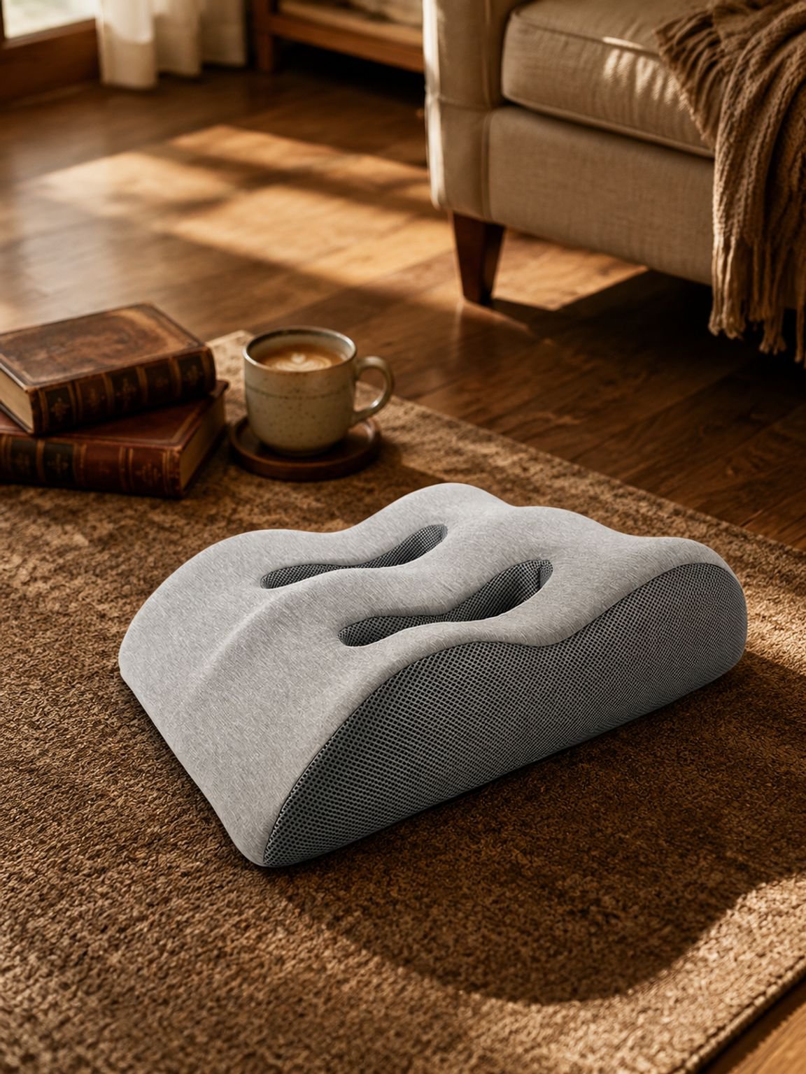Knee and lower leg supported by an elevation pillow
