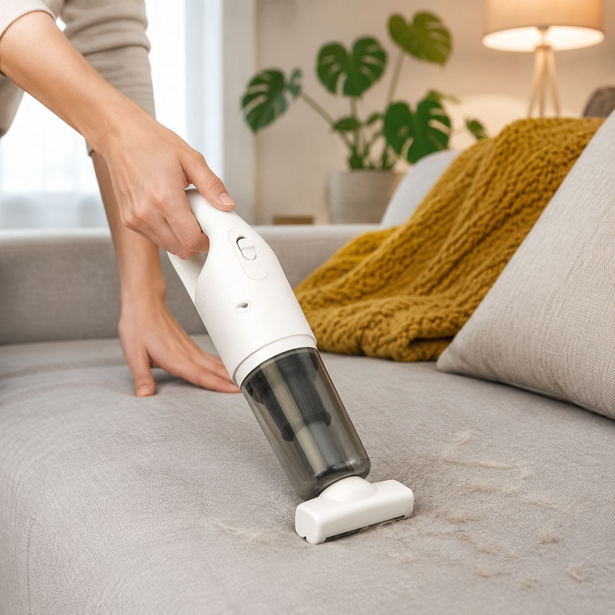 Handheld vacuum cleaner in use on sofa