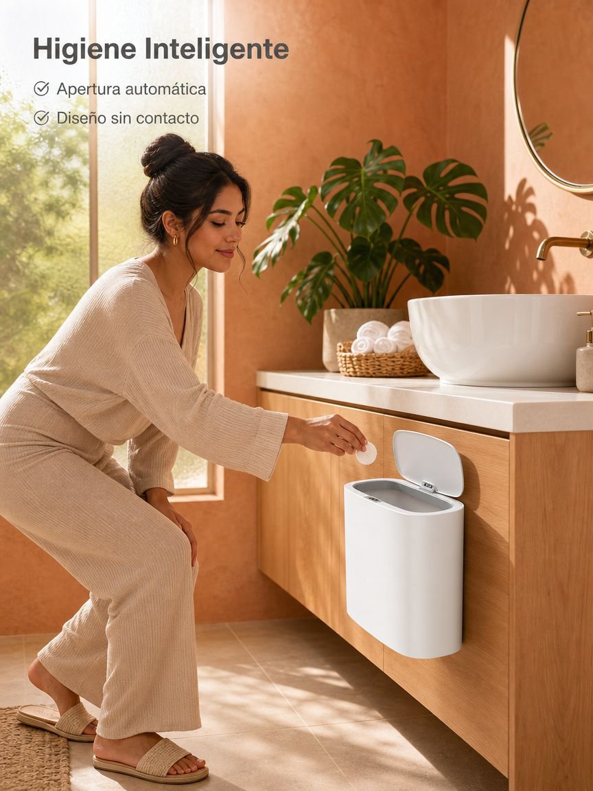 Cubo de basura inteligente para baño, apertura por sensor, diseño colgante para espacios reducidos
