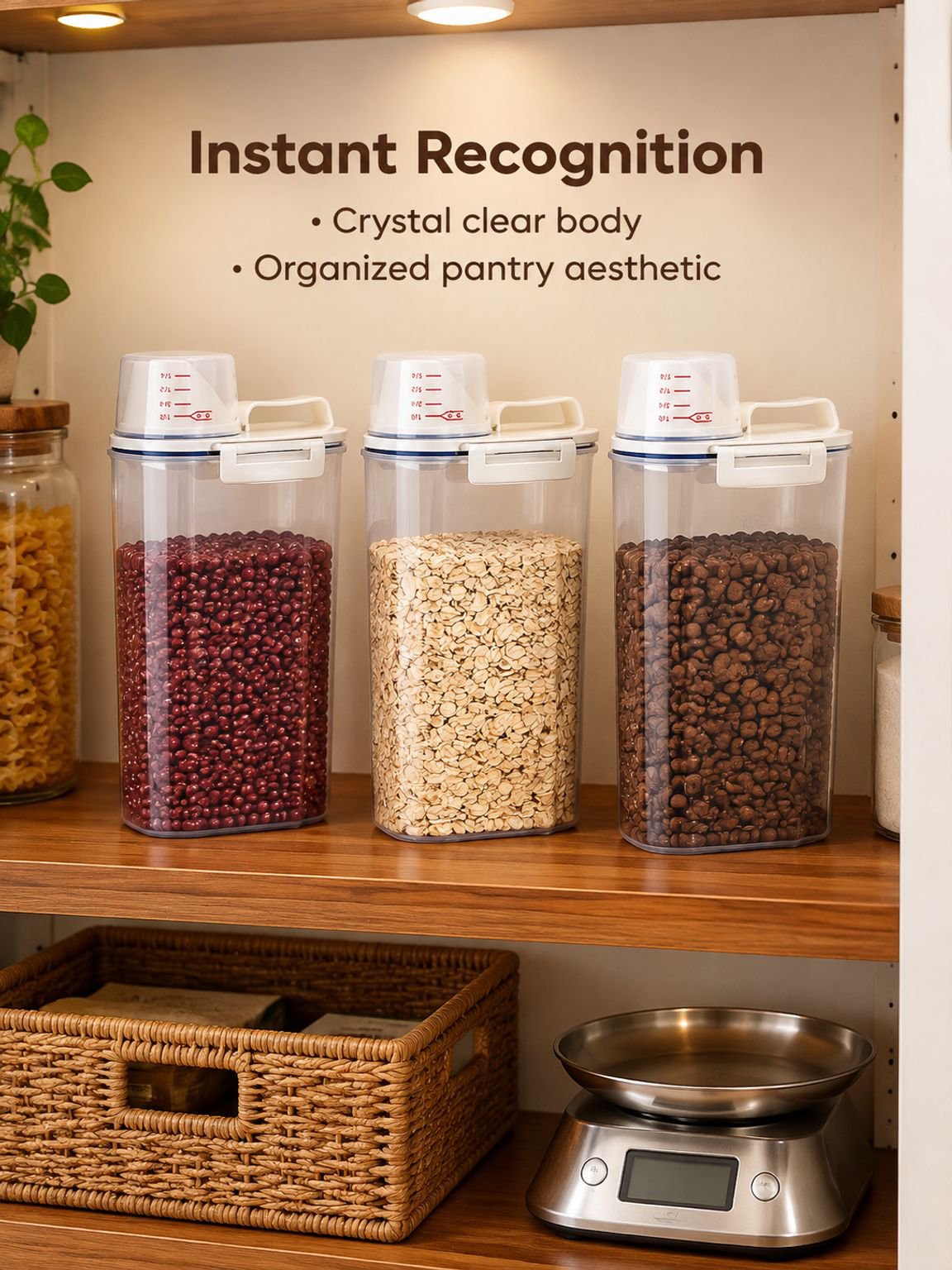 Kitchen storage container for cereal, oats, and other dry foods