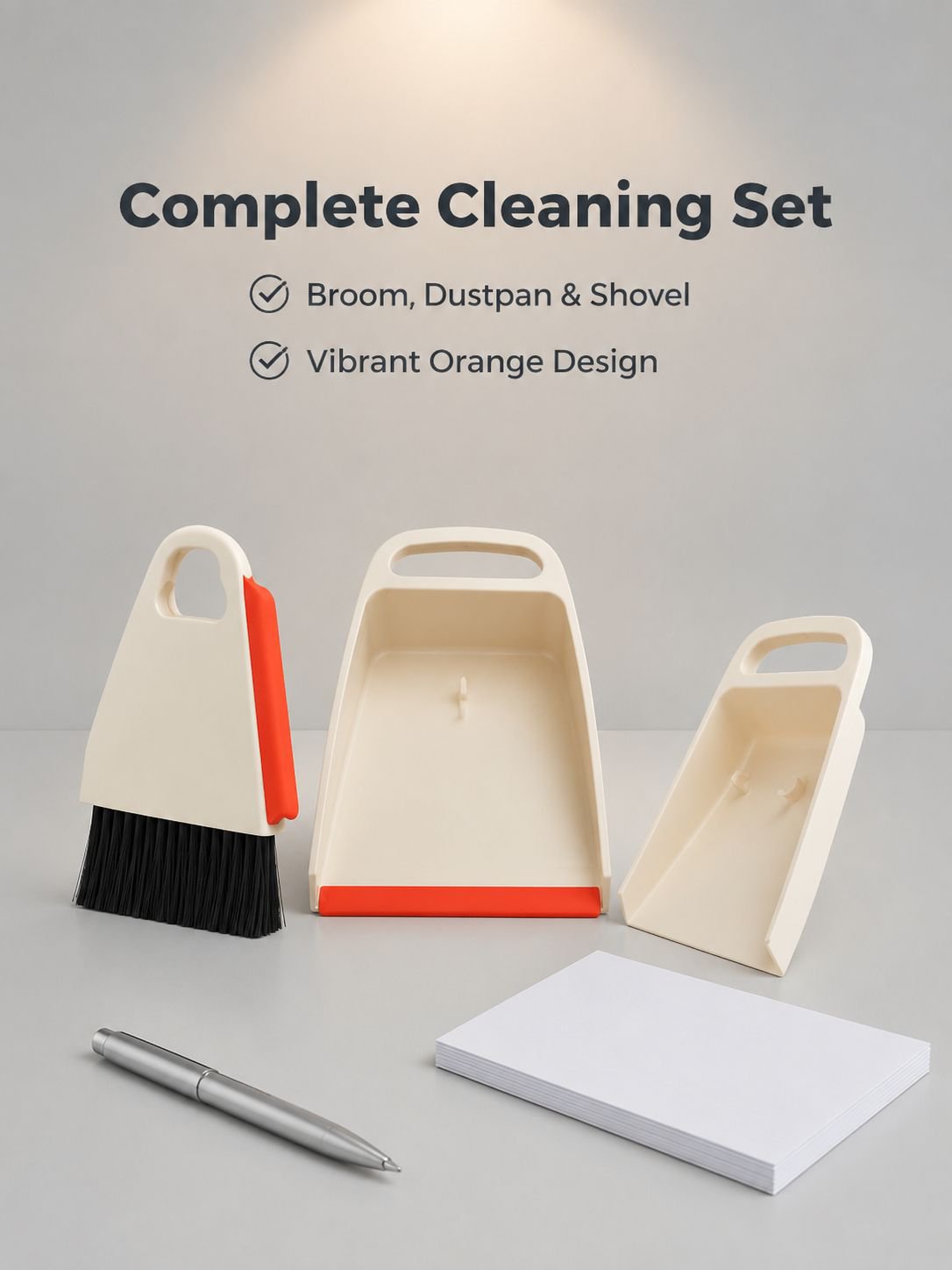 Desktop mini cleaning tool set, includes small broom, dustpan, and cleaning shovel