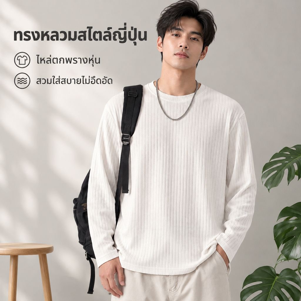 เสื้อยืดแขนยาวลายทางแนวตั้งสไตล์ญี่ปุ่นสำหรับผู้ชาย ใส่ได้ทั้งฤดูใบไม้ผลิและใบไม้ร่วง
