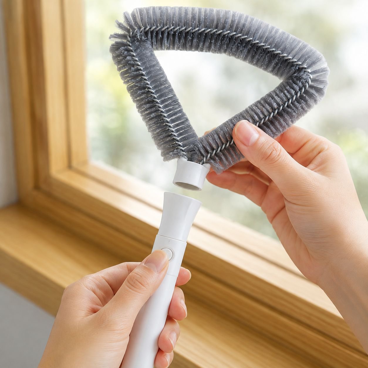 Dirt and dust removed from window screen using cleaning brush