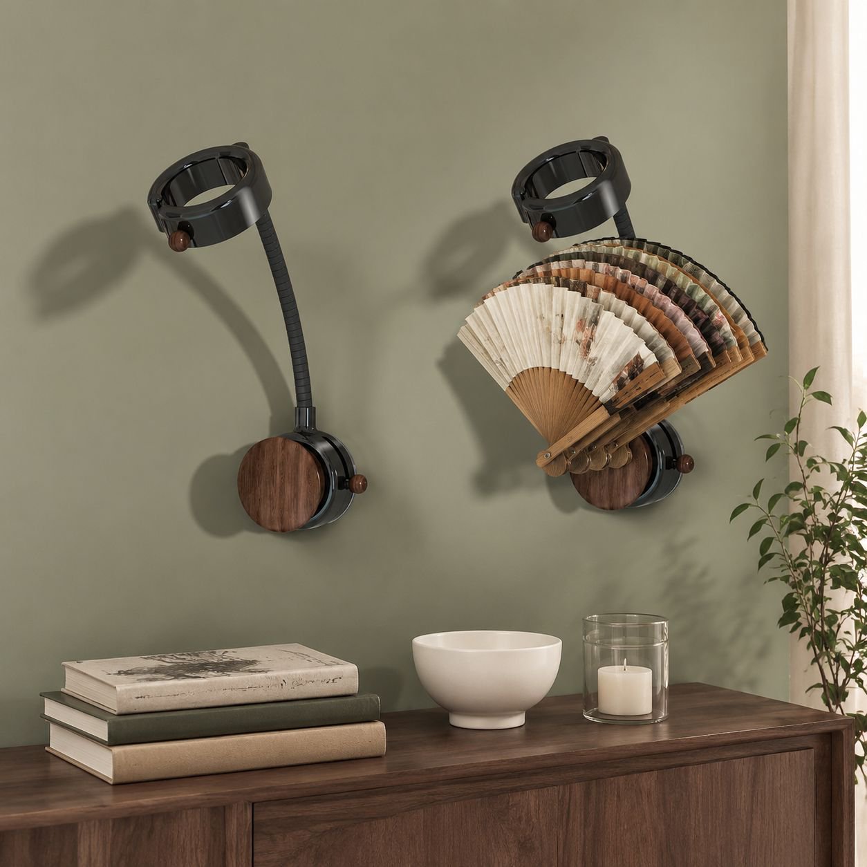 Wall-mounted rack holding different types of fans