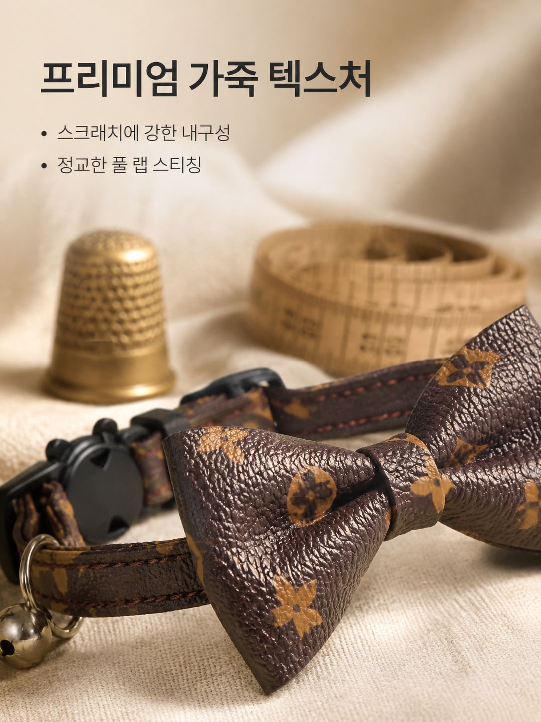 리본 장식이 있는 가죽 강아지 목걸이