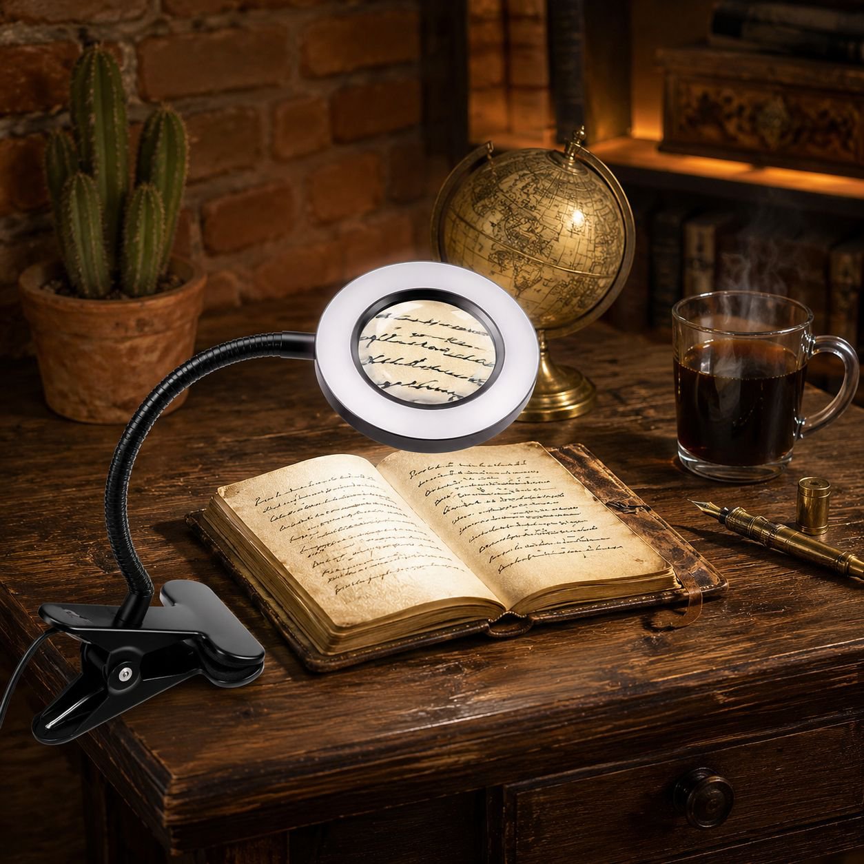 Lámpara de aumento 10x con soporte y luz LED, ideal para lectura y trabajo