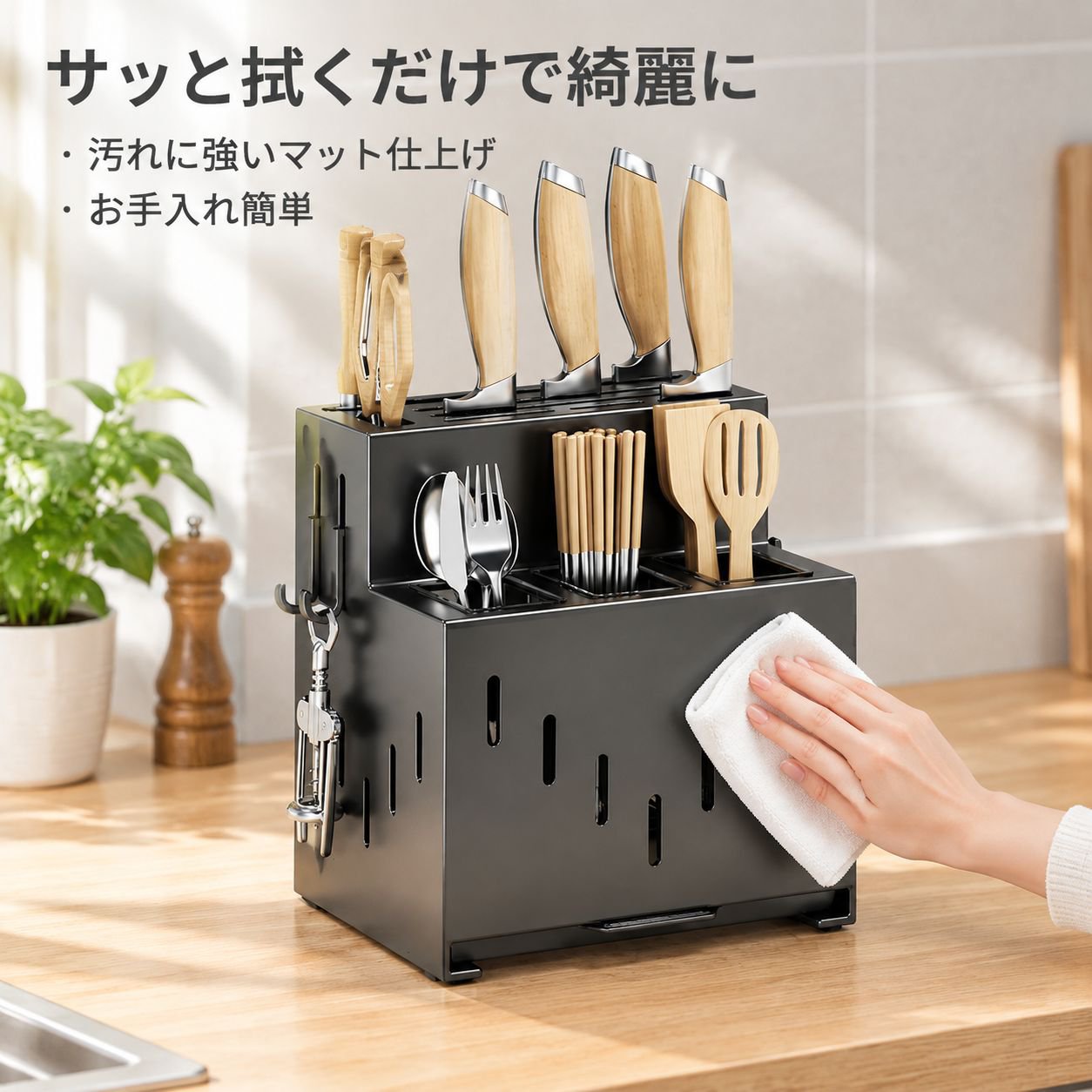 穴あけ不要の壁掛け式キッチンカウンター用炭素鋼製包丁・箸ラック