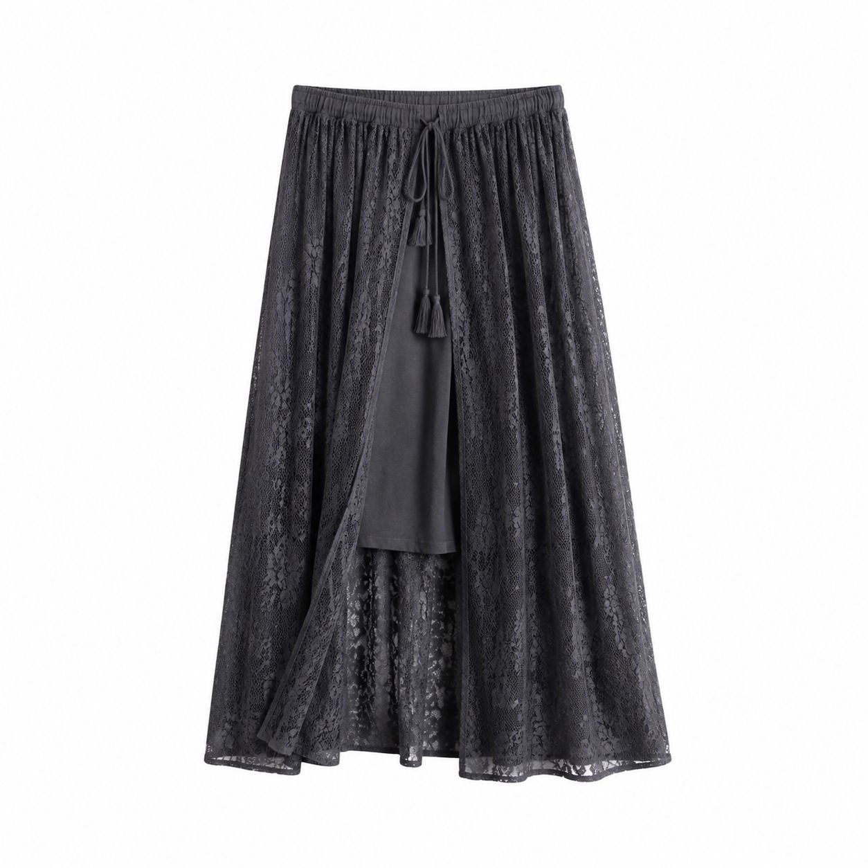 Pantalón-falda slim fit de encaje y borlas en gris oscuro de cintura alta