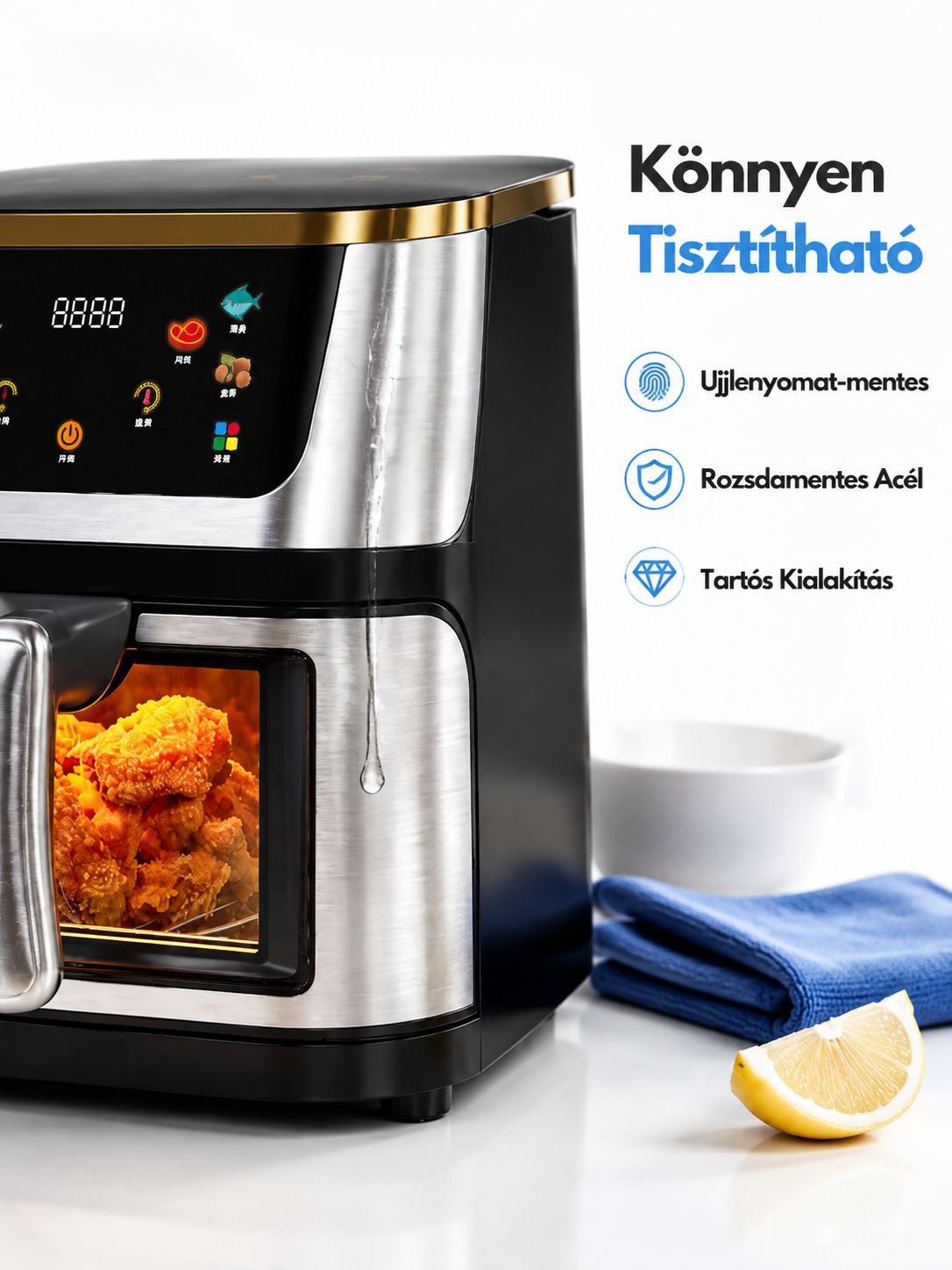 Háztartási, átlátszó, rozsdamentes acél, 10L-es nagy kapacitású légsütő
