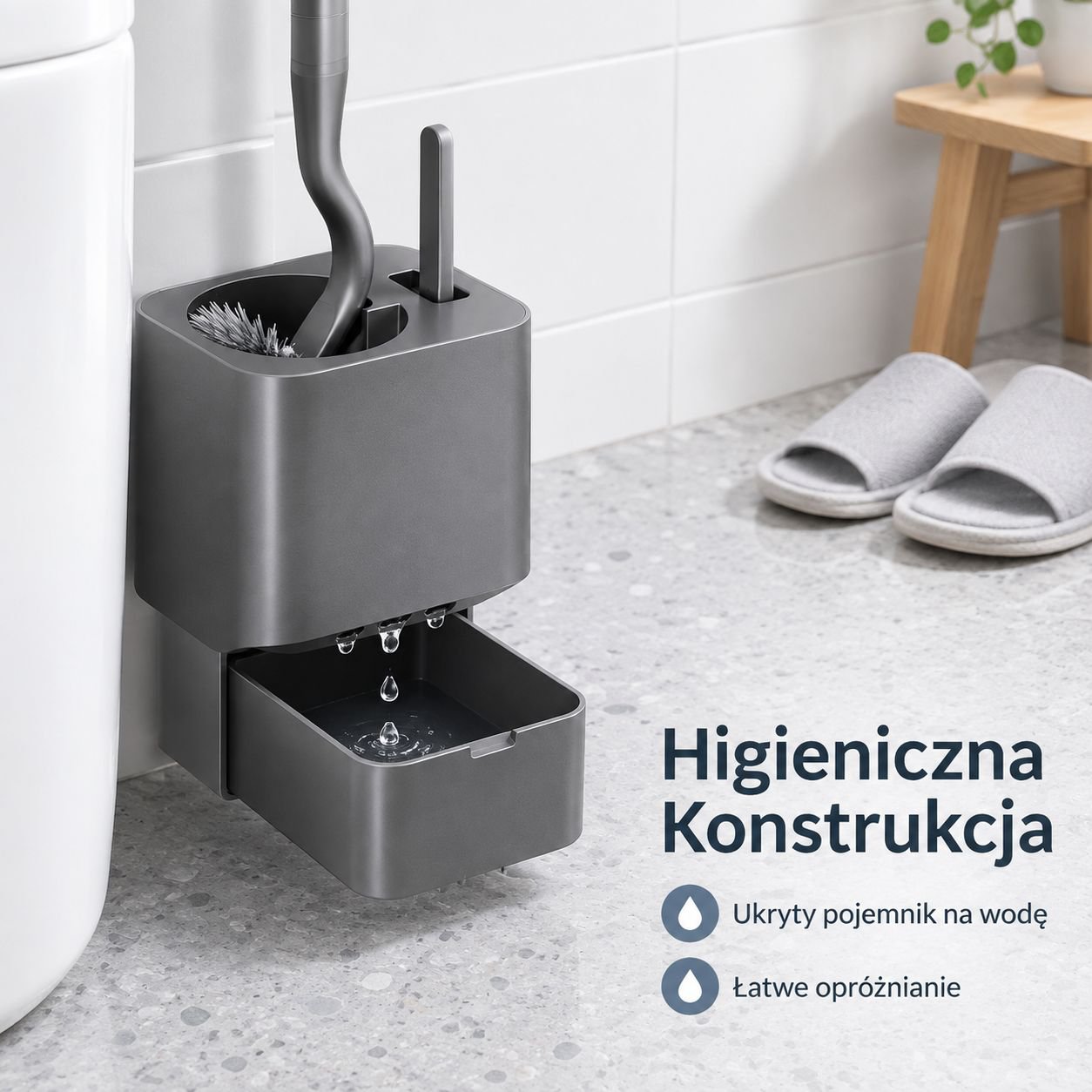 Zestaw szczotki toaletowej z pojemnikiem i sztywnym włosiem (kolor: ciemnoszary metalik, montaż ście