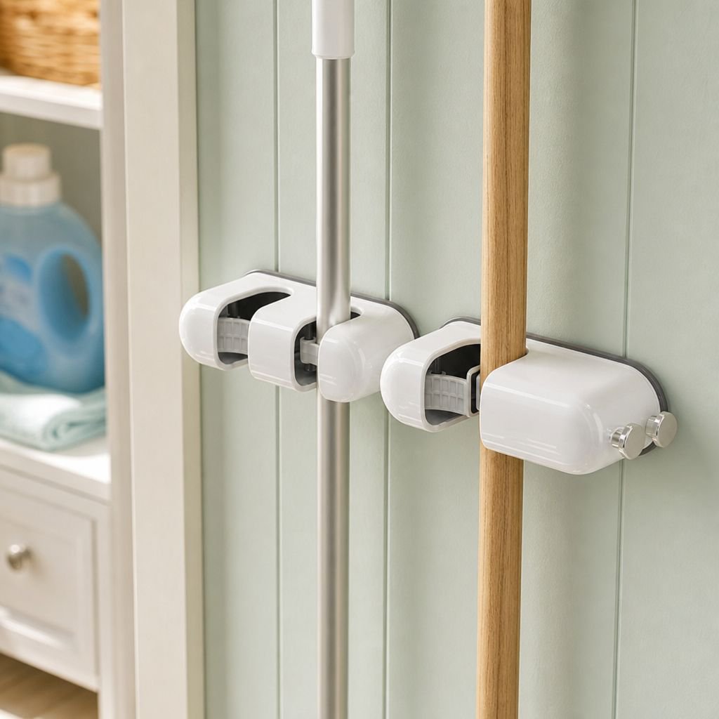 Durable stainless steel wall-mounted broom holder