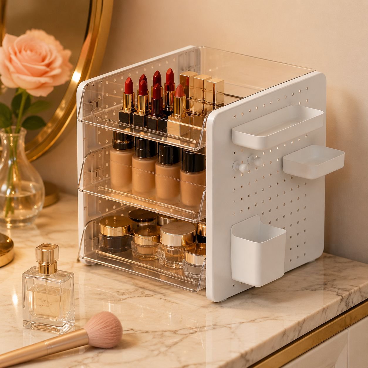Organizador de escritorio con tablero perforado, solución todo en uno para papelería y cosméticos