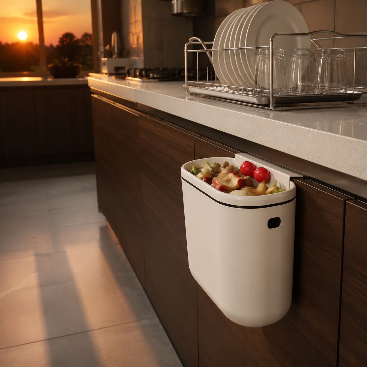Clutter-free kitchen with mounted trash can