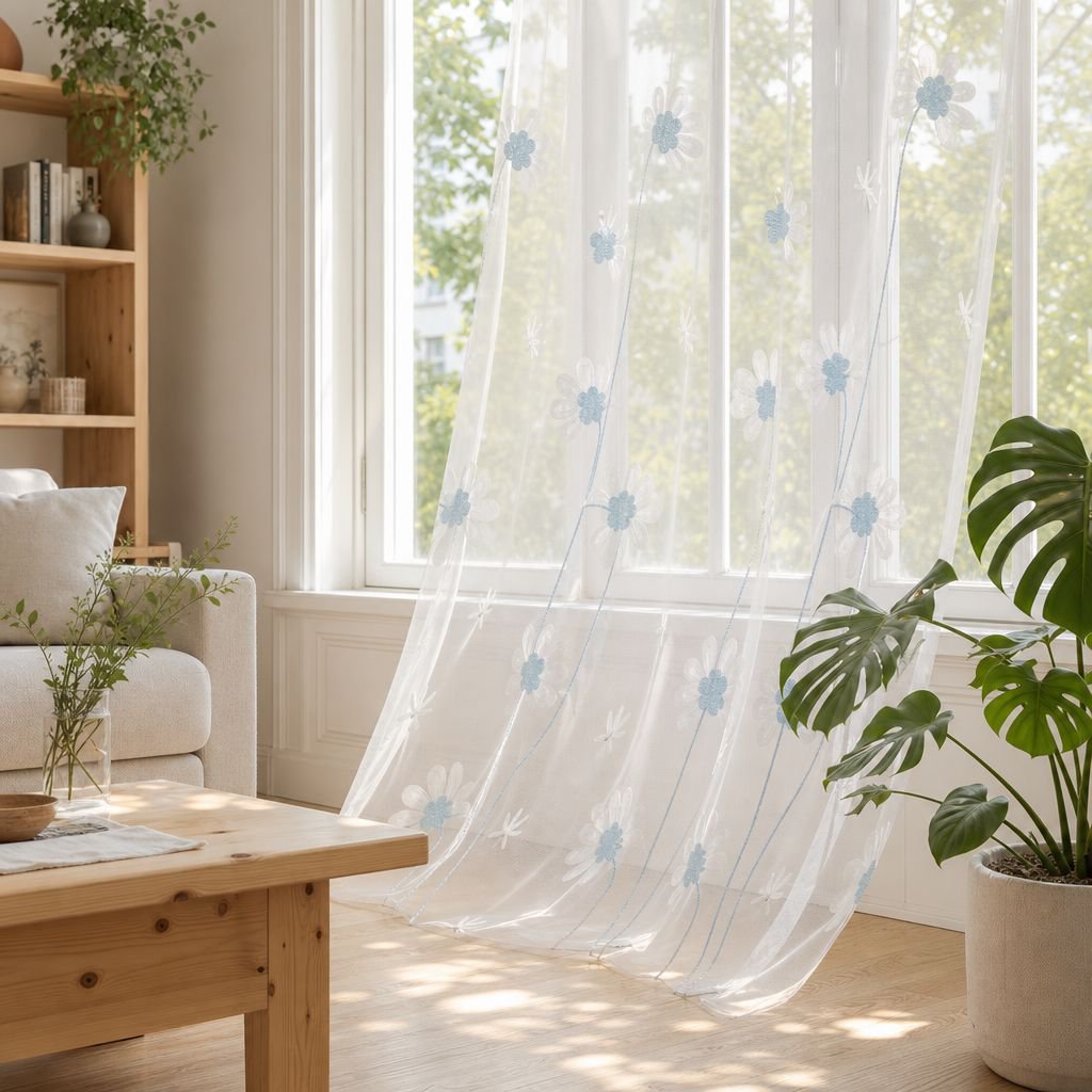 Wohnzimmerscheibe mit Chrysanthemenstickerei, moderner transparenter Vorhang