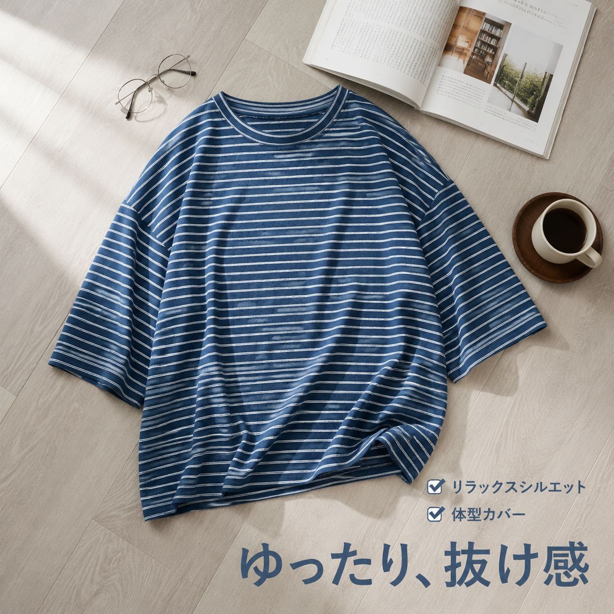 日本風ブルーストライプ ゆったり細見え カジュアル半袖Tシャツ