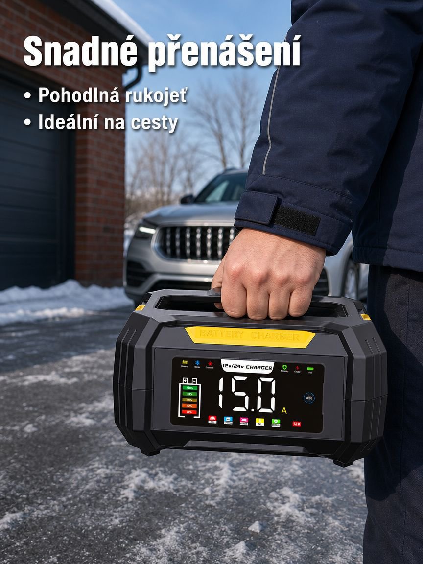 Přenosná 12V nabíječka s ukrytým kabelem, univerzální pro olověné a LiFePO4 autobaterie