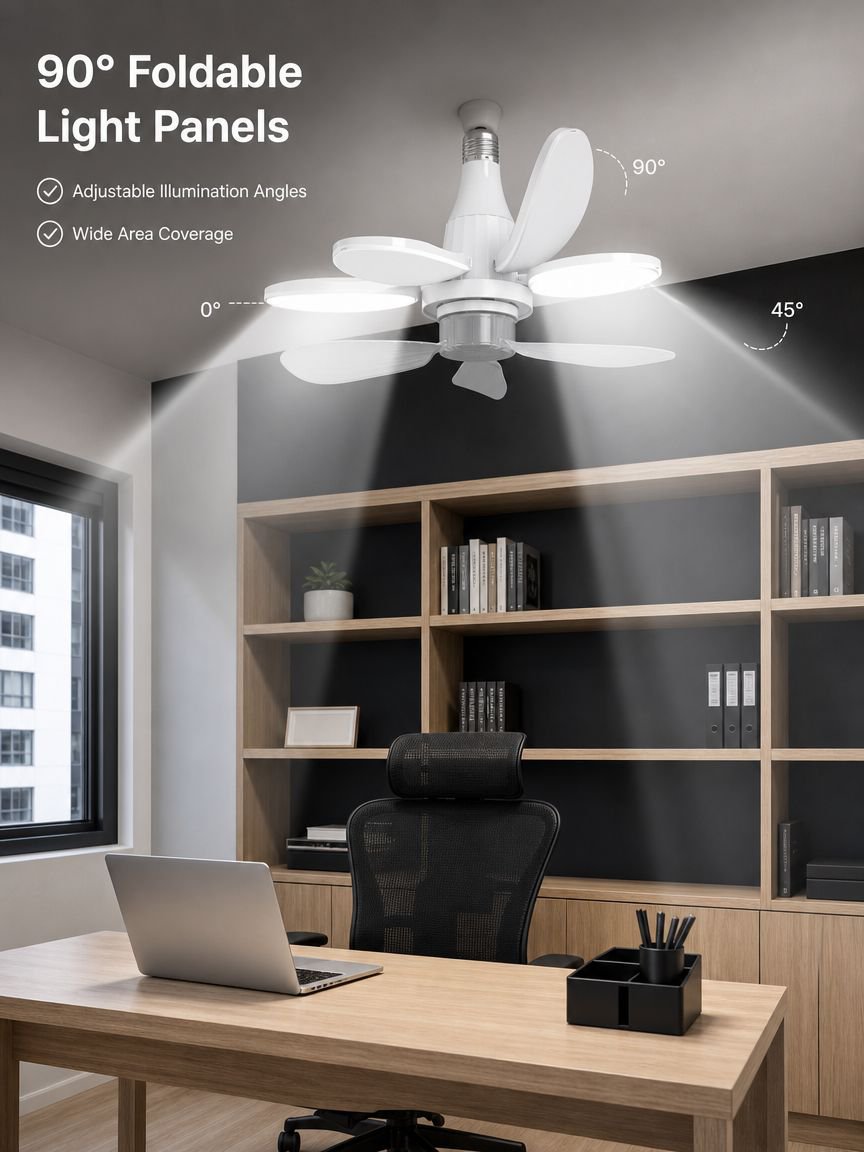 Folding lighting fixtures with fans