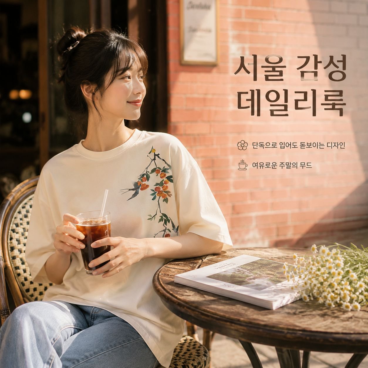 기질 있는 화이트 빅사이즈 여성 박시 프린트 반팔 티 상의