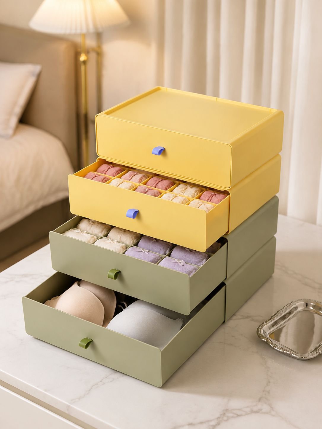 Organisateur 3-en-1 à tiroirs pour vêtements, chaussettes et soutiens-gorge, gain de place.