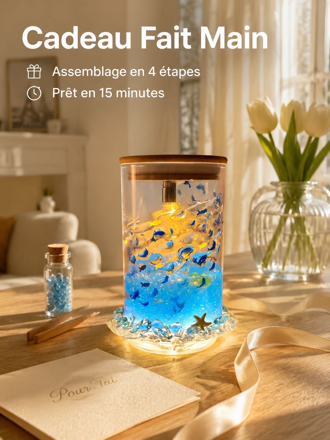 Veilleuse lumineuse apaisante bleue avec petits poissons flottants