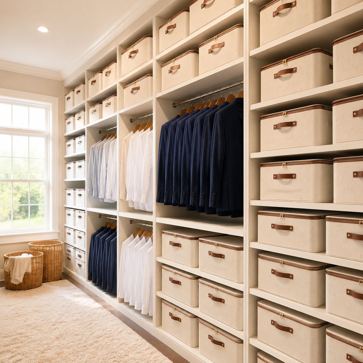 Space-saving closet storage solution with cotton linen box