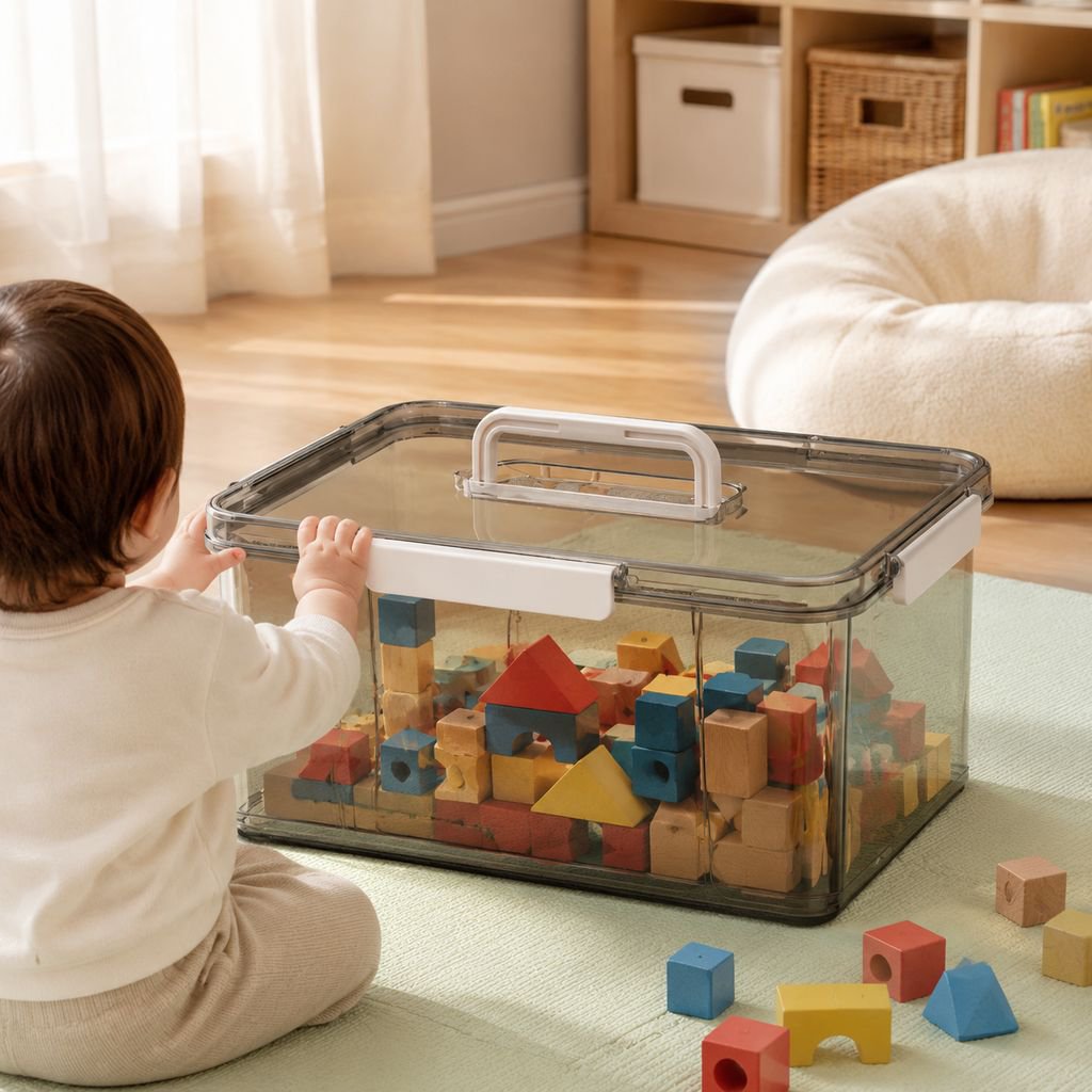 Durable toy storage container with handle for easy carrying
