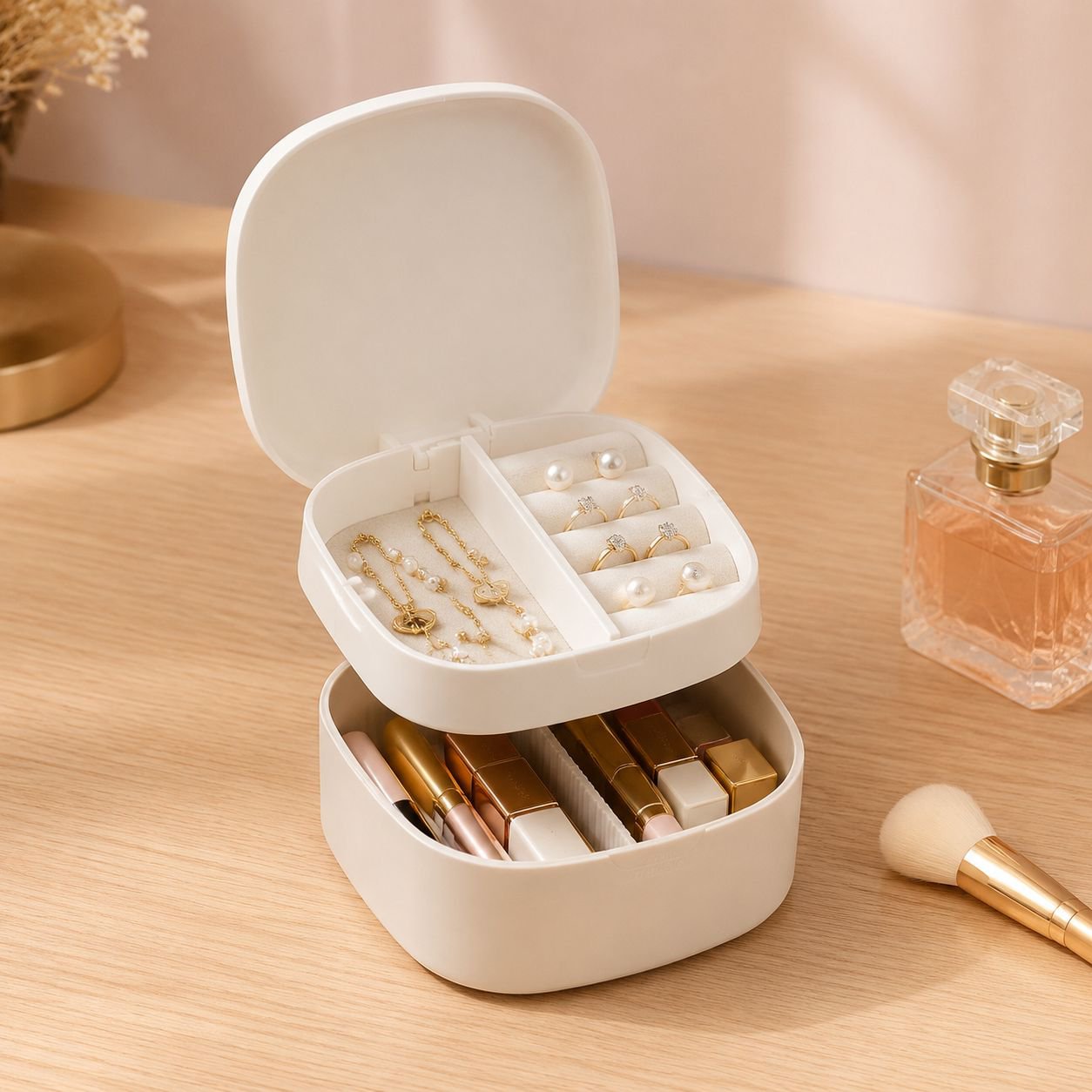 Space-saving organizer for cosmetics and jewelry