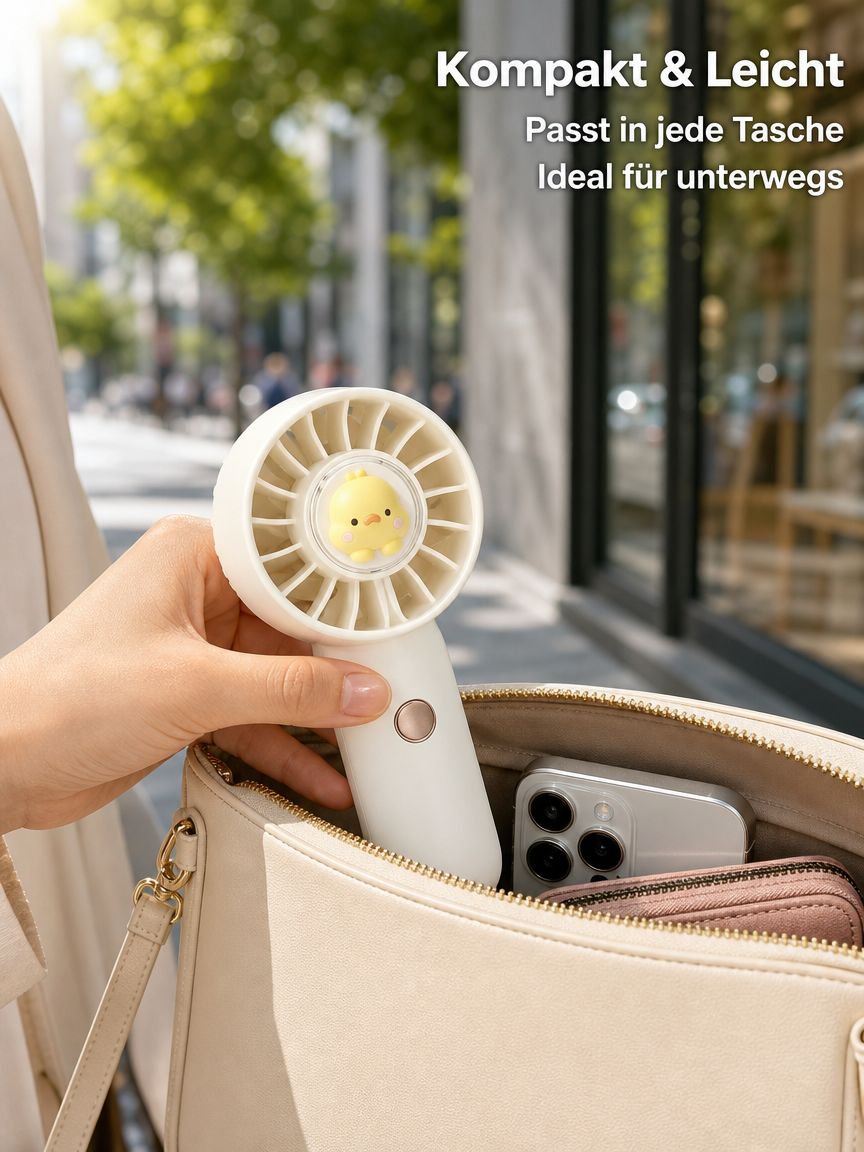 Tragbarer Mini-Handventilator mit gelber Ente, leise, USB-aufladbar