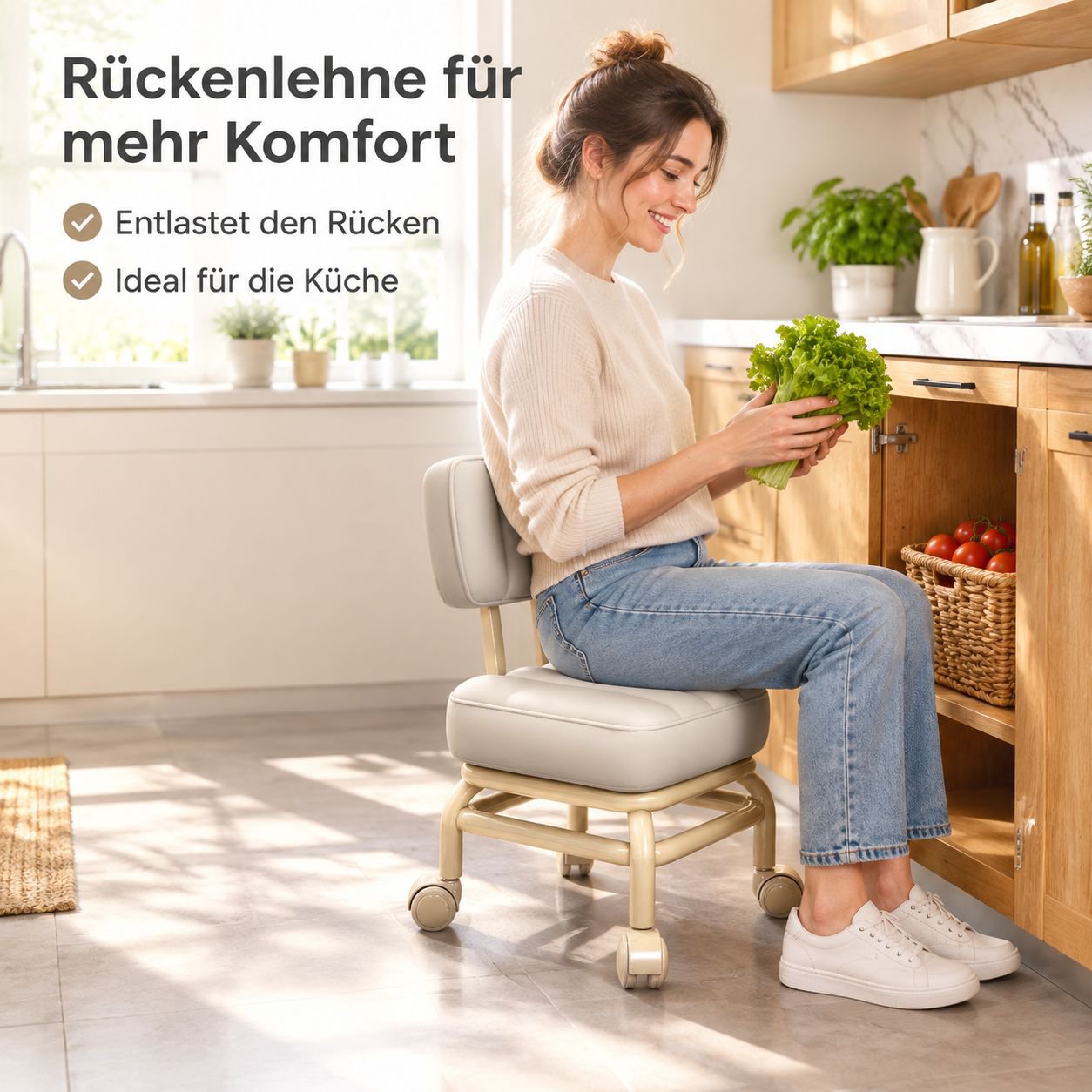 Bequemer Hocker mit Rückenlehne, weicher Polsterung und Rollen