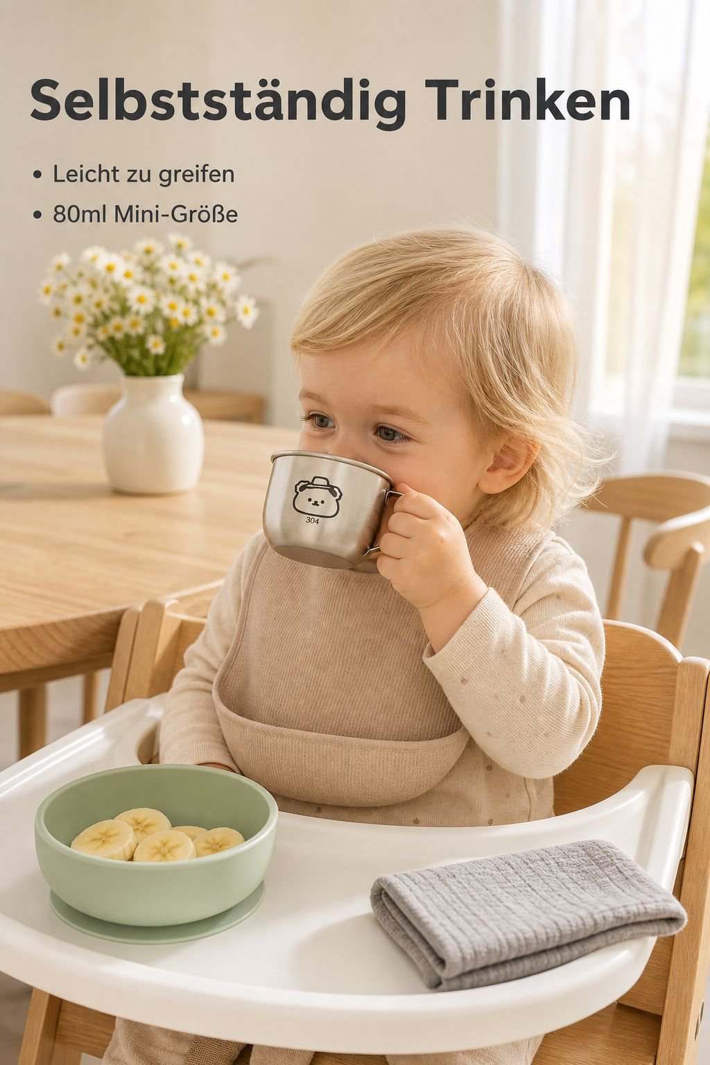 Babybecher aus Edelstahl mit Griff, lebensmittelecht, rutschfest für Kleinkinder