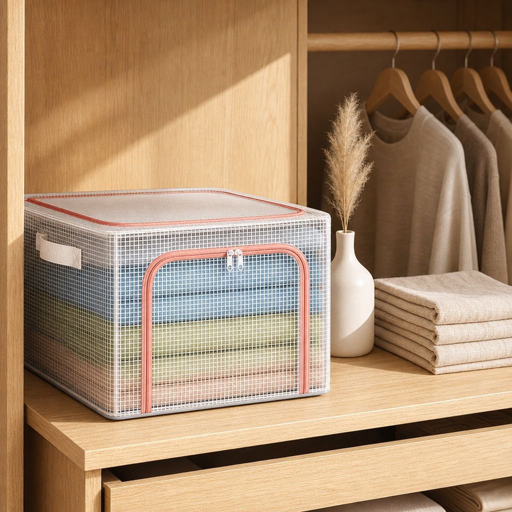 Caja organizadora de ropa transparente y reforzada