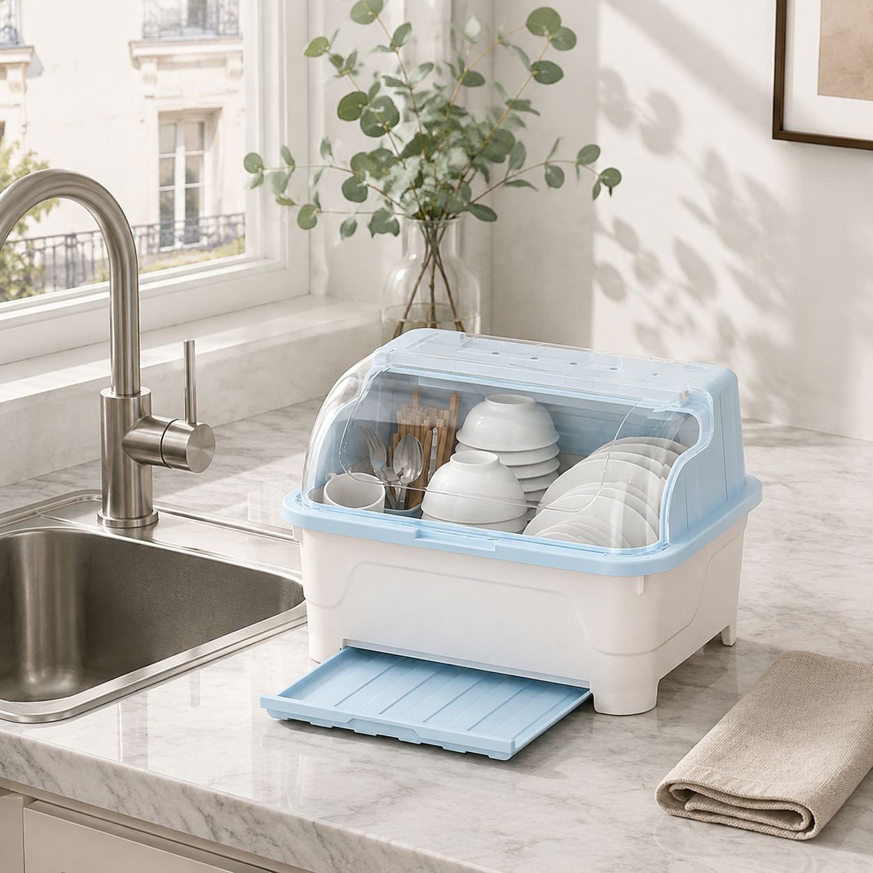 Boîte de rangement pour bols et assiettes avec couvercle, support pour couverts, cuisine