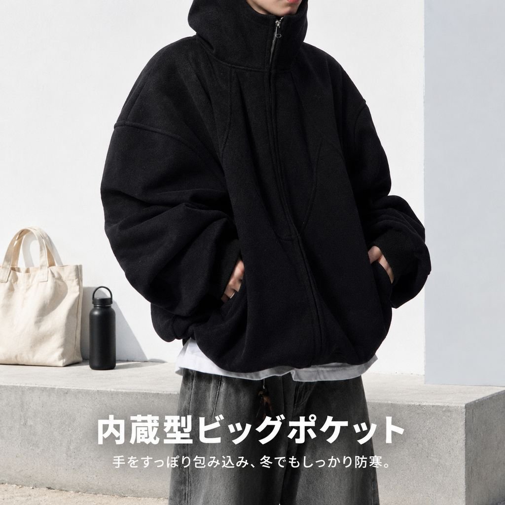 ハイストリートデザイン 切替フード付きスウェット メンズ 冬 裏起毛 ゆったりトレンドアウター