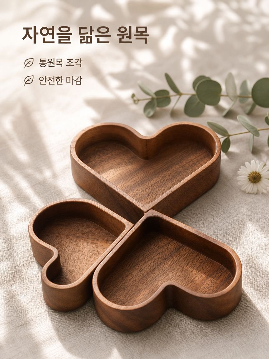 하트 모양의 원목 건과일 및 사탕 상자