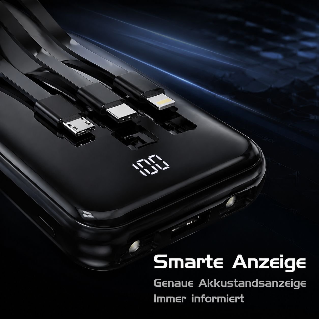 Powerbank mit 20000mAh und vier integrierten Ladekabeln