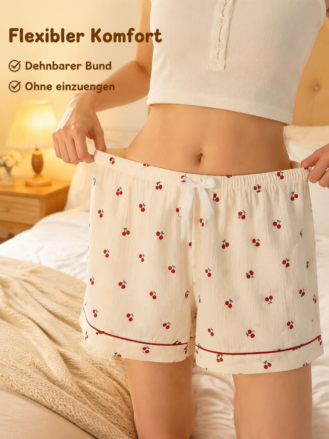 Damen Pyjama Set mit Blusenjacke, Bubble-Crinkle-Stoff, Kurzarm und Shorts, bedruckt