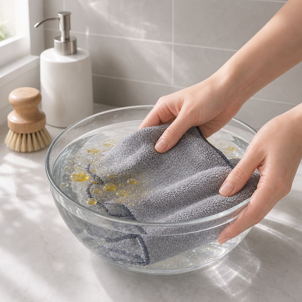 Odor resistant bamboo charcoal dish towel in use