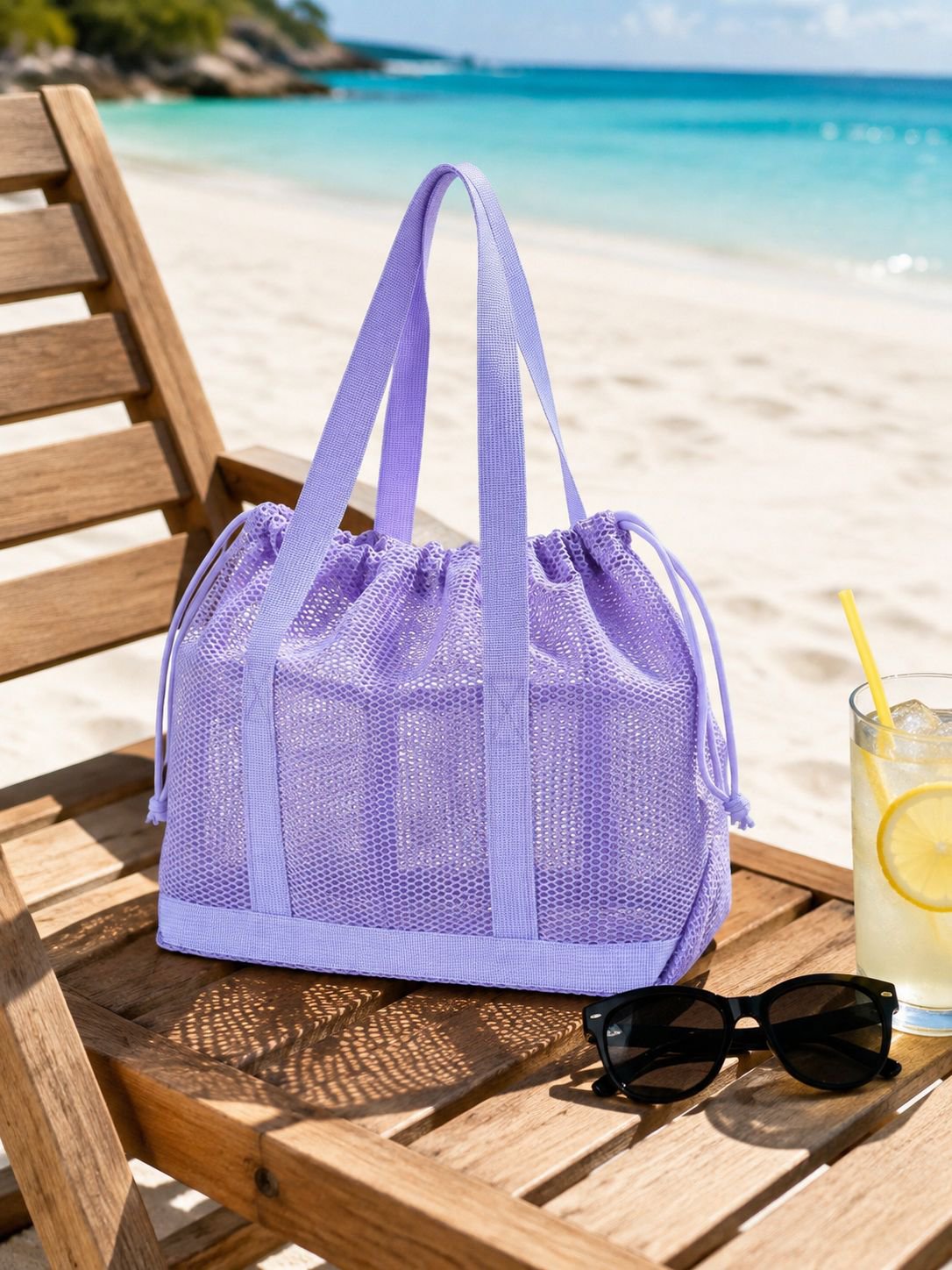 Bolsa de malla para playa y viaje con asas y cordón