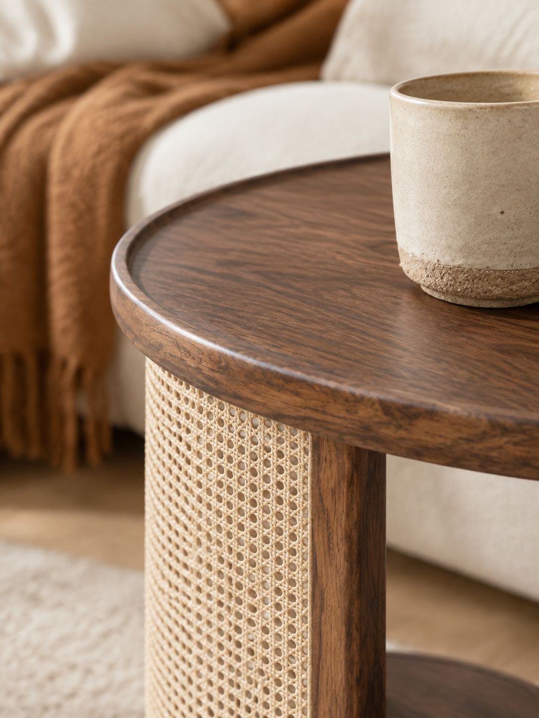 Table d’appoint utilisée comme support pour livres et tasses près du canapé